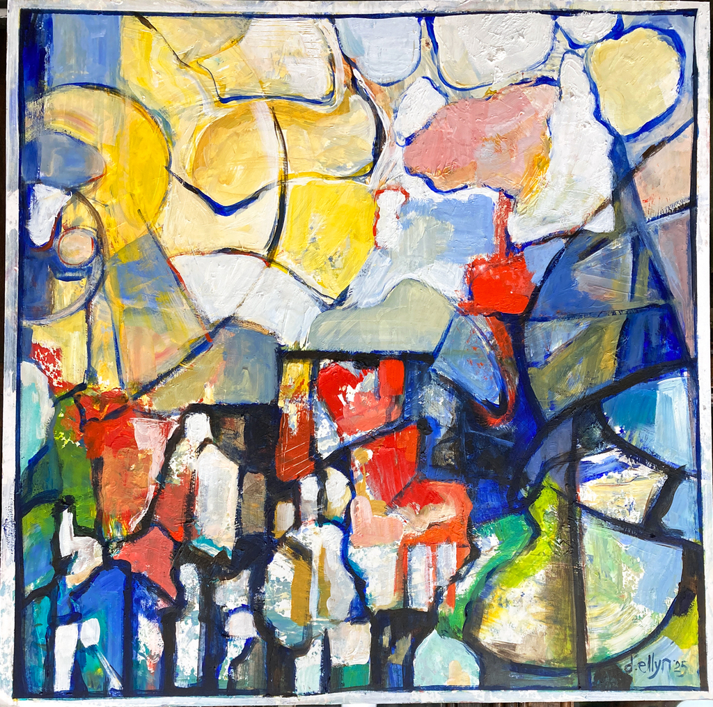 abstract colorful painting in primary colors emoting a carnival atmosphere