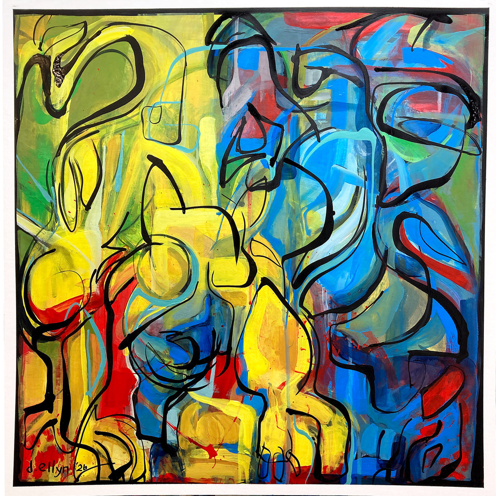 two abstracted lion forms in gold and blue entangled in confrontation, inspired by the 2026 Iran conflict