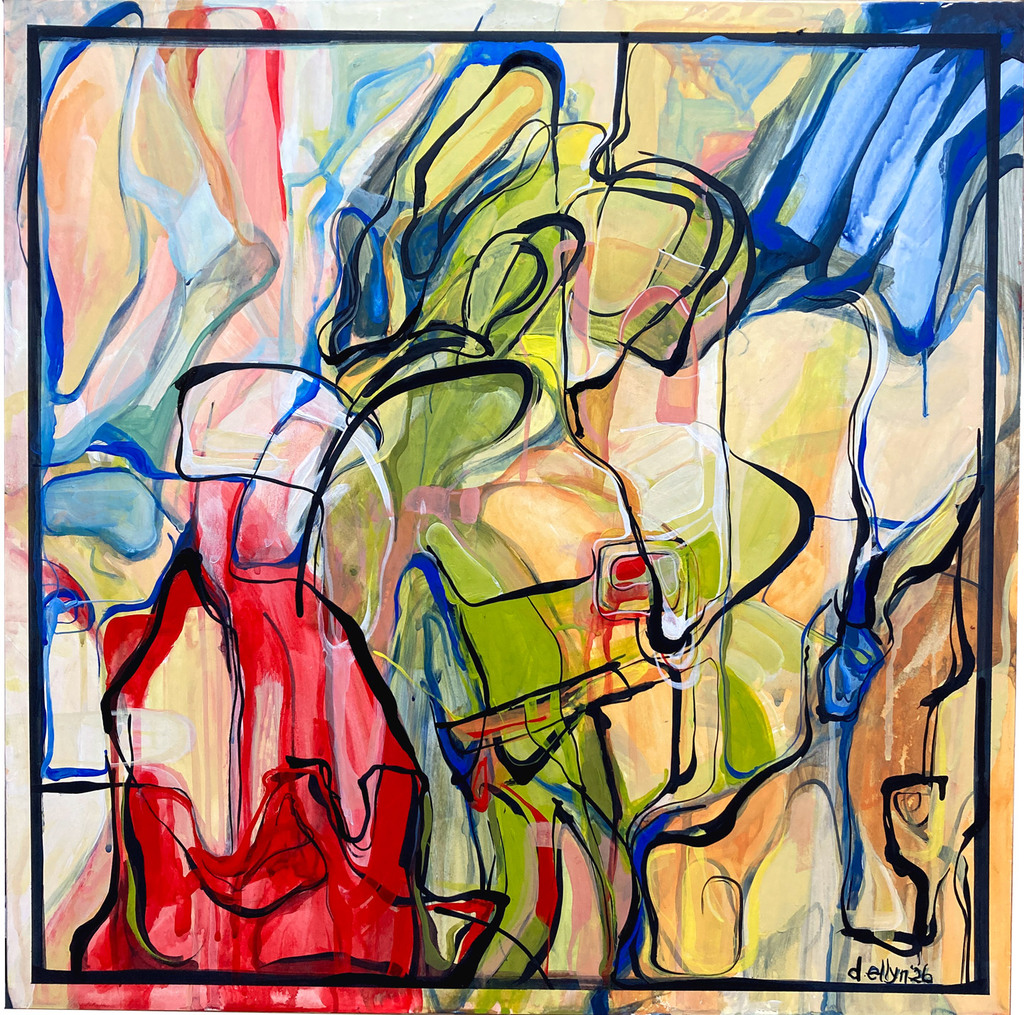 Interlocking abstract forms outlined in black with layered washes of red, green, blue, and pale yellow contained within a dark rectangular border