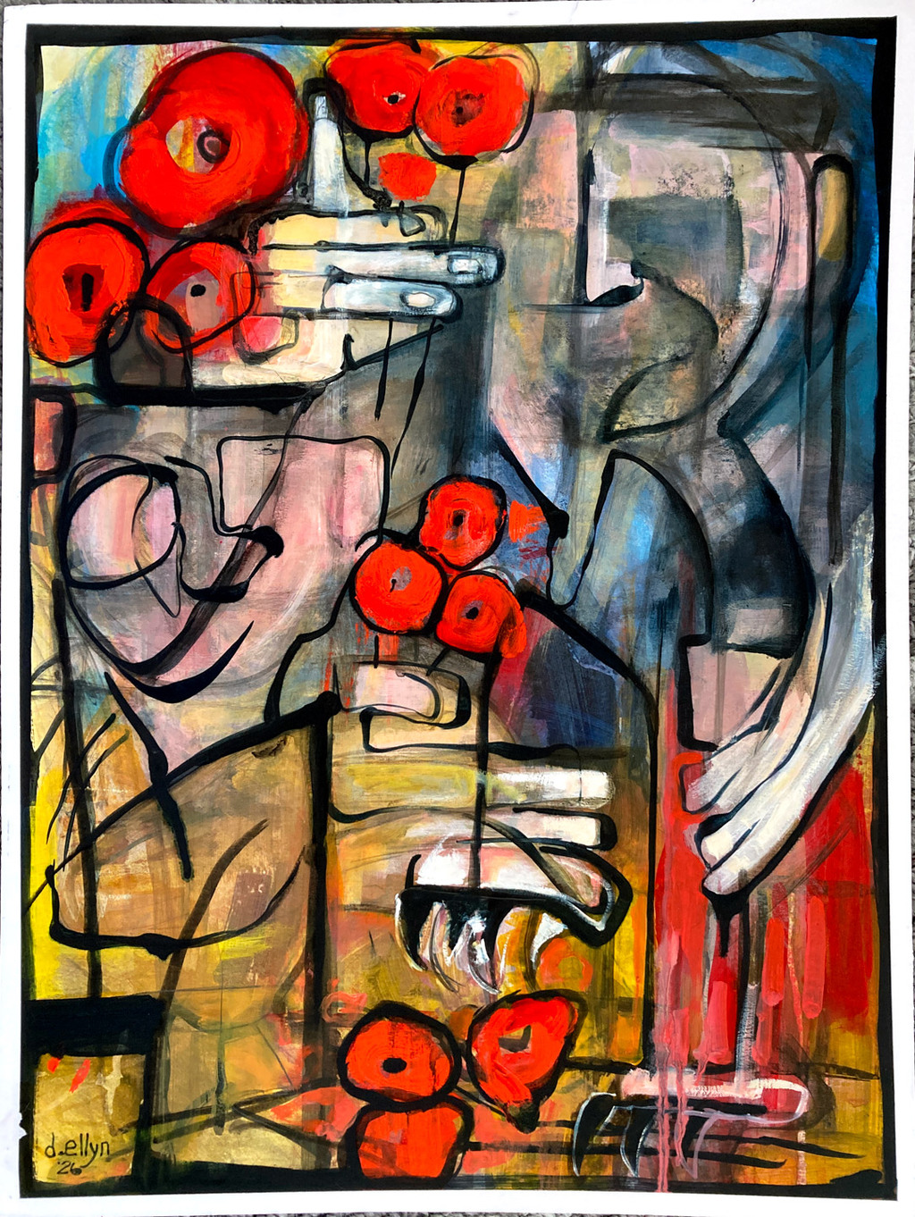 Clusters of red flowers arranged within bold black lines and layered abstract fields of color