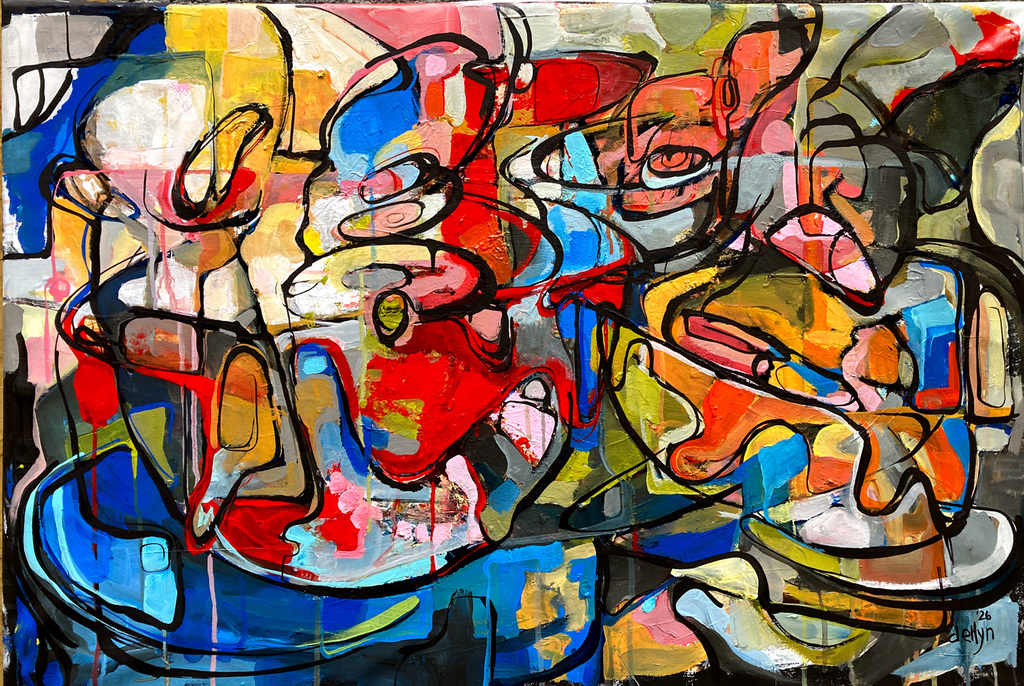 Round and Round, a vibrant abstract acrylic painting with swirling figures in red, blue, pink, and yellow by Dana Ellyn