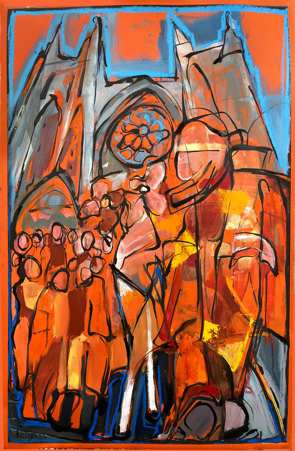 cubist rendering of the buddhist monks arrival at hte washington national cathedral